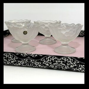 Vintage 4 Frosted Crystal Dessert Dishes Cups, Hoya Glass